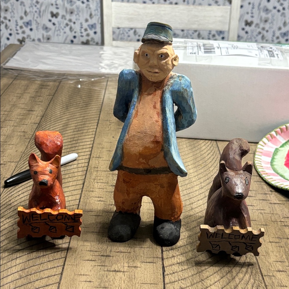 Handcrafted Figurine Set with Welcome Signs